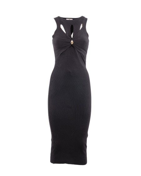Shop ELISABETTA FRANCHI  Abito: Elisabetta Franchi abito a costine con cut out.
Girocollo.
Dettagli cut-out.
Drappeggi trattenuti con decorazione gioiello in metallo dorato con logo.
Vestibilità aderente.
Composizione: 64%Lyocell 20%Poliestere 16%Seta.
Made in Italy.. AM63B51E2-110